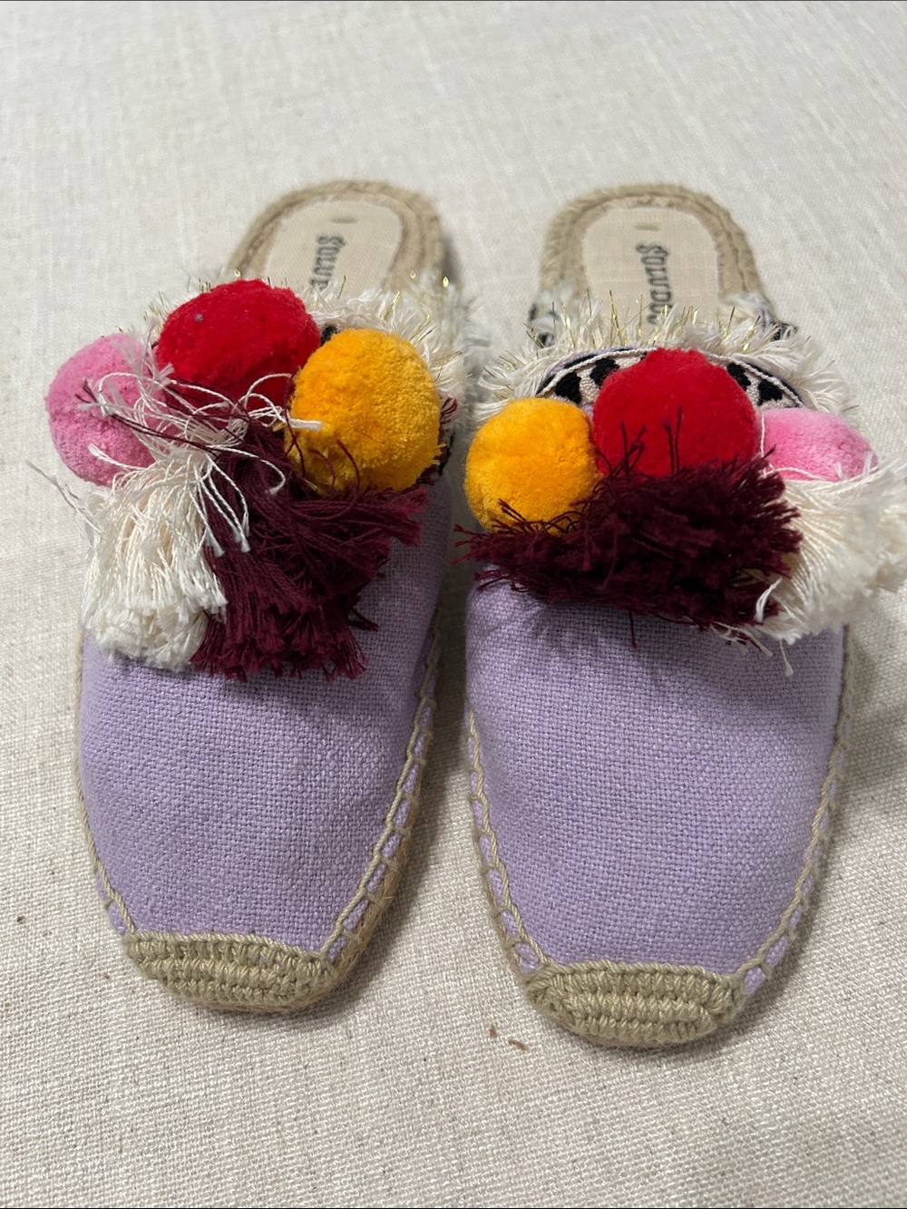 Soludos Coco Espadrille Slides Lavender Pom Pom Bohemian Tassel Summer Jute Sz 8 - Picture 2 of 9